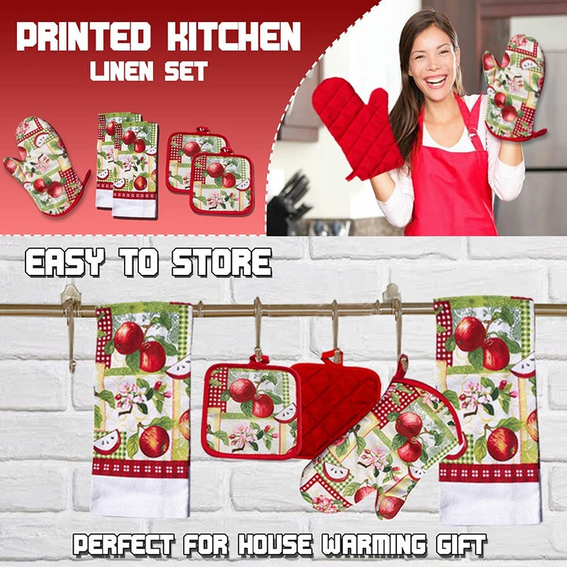 Lobyn Value Packs - 5 Piece Country Kitchen Towel Set: Features Red Apples on a Patchwork Quilt, 2 Decorative Dish Towels, 1 Oven Mitt, and 2 Quilted Potholders - Image 5